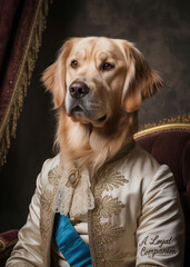 Distinguished Golden Retriever Dog Wearing an Elegant Period Royal Costume. Animal Portrait, Regal Canine, Historical Pet Fashion