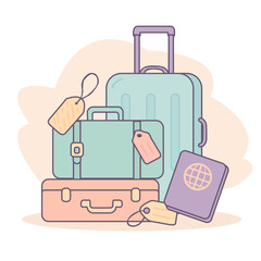 Vector illustration of travel suitcases with tags and passport in pastel colors on white background