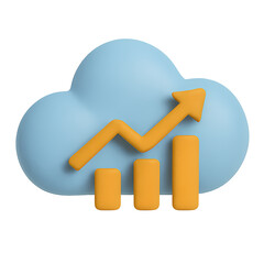 3D cloud analytics icon with growth chart and upward arrow, symbolizing cloud computing, online data analysis, and technology-driven business growth