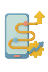 3D icon of mobile strategy and growth path, showing upward progress with arrow and gear, perfect for app analytics, business planning, and digital marketing visuals
