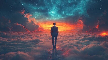 Obraz premium Surreal Future: Man on Cloudy Horizon Gazing at Cosmic Sky