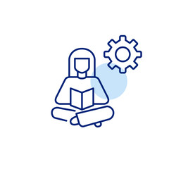 Woman reading book and cogwheel. Learning management, personalized education settings, study optimization, knowledge system configuration, user-driven training. Pixel perfect, editable stroke vector i