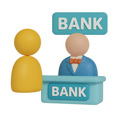 3D icon of a customer and bank officer at counter, representing finance, transactions, and banking services