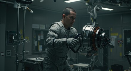 Astronaut in a high-tech laboratory handling advanced machinery, showcasing space exploration technology