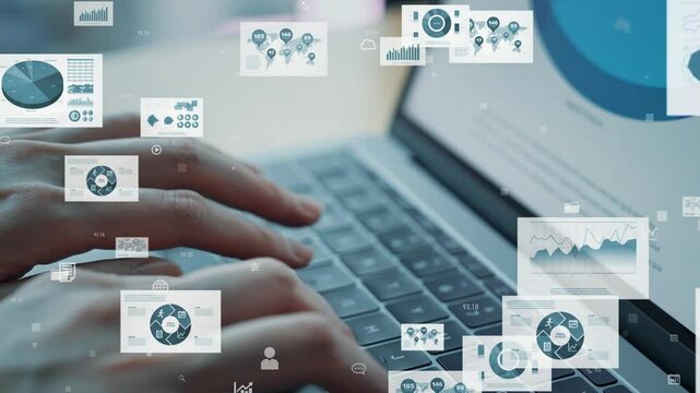 Concept of typing engineer's hands and digital data