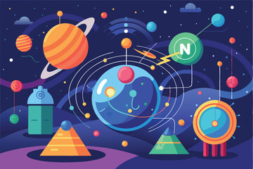 Obraz premium Exploration of the cosmos with vibrant planets and geometric shapes