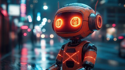 Orange Robot Standing in Wet City Street: AI and Urban Life