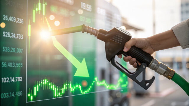 Gasoline fuel price decrease economic impact oil market hand pump Gasoline fuel price decrease shown by green. Economic impact and effect of oil, energy security, financial market connection