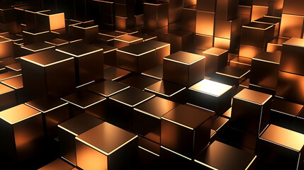 Abstract background of glossy golden 3D cubes forming a wealth-representing network patternAbstract background of glossy golden 3D cubes forming a wealth-representing network pattern