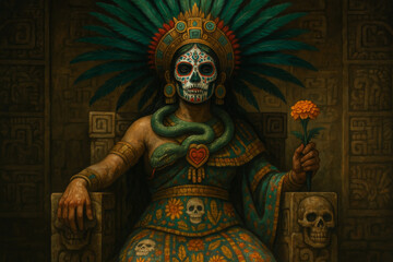 Fototapeta premium Powerful Aztec or Mayan goddess with skull face, feather headdress, and snake, holding a marigold on an ornate throne. Evokes ancient ritual and myth.