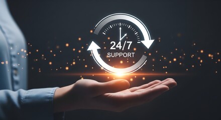24/7 continuous support service concept. Businesswoman presents glowing icon representing 24/7 customer support, symbolizing nonstop assistance, helpline service, and reliable customer care solutions.