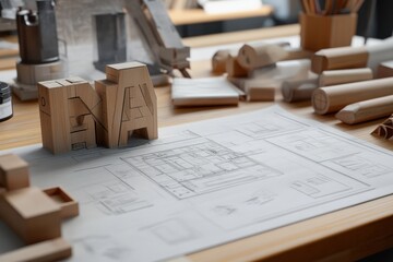 Brand building concept on drafting table, thick 3D letters and technical sketches, high-detail render