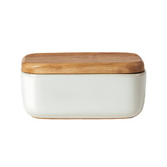 Rectangular wooden lidded container in off-white ceramic.