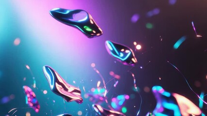 Starting metallic fragments drifting rotating in digital void, revealing neon bokeh filaments - Powered by Adobe