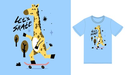 Fototapeta premium Cute giraffe playing skateboard illustration with tshirt design vector