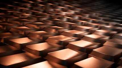 Obraz premium A wave-form ripple pattern made of copper square plates arranged on a black brushed aluminum surface, side-lit for maximum metallic realism
