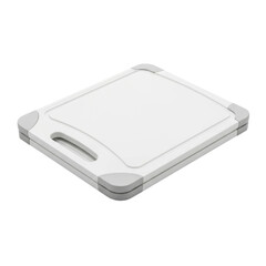 A clean white plastic cutting board featuring gray non slip corners and an integrated handle, ideal for various kitchen food preparation tasks like chopping, slicing, and dicing.