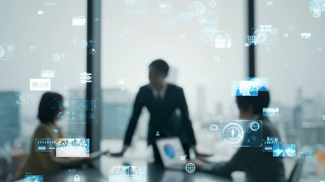 ミーティングするビジネスパーソンのグループとデジタルテクノロジーのコンセプト