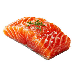 Fresh raw salmon fillet garnished with sprigs of green herbs and sprinkled with coarse salt. Png, Transparent background.