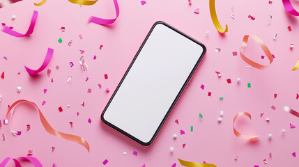 a smartphone with a white blank screen lies on a pink surface covered with confetti and streamers
