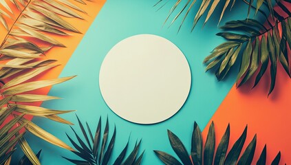 Blank white circle framed by tropical leaves on vibrant teal and orange background