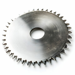 A sharp circular saw blade for wood with evenly spaced teeth, isolated on a white background