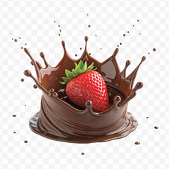 realistic 3d chocolate cream splash into strawberry in crown style isolated on transparent background