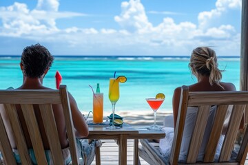 Beach deck setup with two people and colorful cocktails, horizon in view