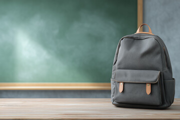 blue school backpack on desk in front of blackboard
