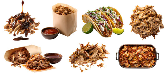Obraz premium Set of pulled pork shredded barbecue meat, taco tortilla, loaf pan, takeaway paper bag, drip gravy sauce, shred strips pile stack on transparent cutout PNG. Mockup template for design 