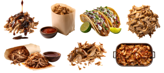 Set of pulled pork shredded barbecue meat, taco tortilla, loaf pan, takeaway paper bag, drip gravy sauce, shred strips pile stack on transparent cutout PNG. Mockup template for design	
