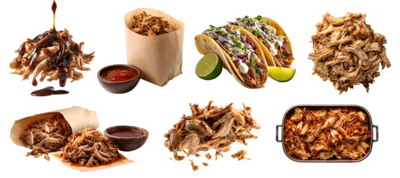 Set of pulled pork shredded barbecue meat, taco tortilla, loaf pan, takeaway paper bag, drip gravy sauce, shred strips pile stack on transparent cutout PNG. Mockup template for design	
