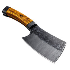 Close-up of a butcher knife with a wooden handle.