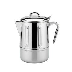 A gleaming stainless steel coffee pot, designed for brewing rich, aromatic coffee. Its polished surface reflects light, highlighting its modern kitchen appliance aesthetic.