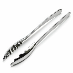 A pair of sleek stainless steel ice tongs with serrated edges, isolated on a white background with clipping path