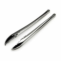 A pair of sleek stainless steel ice tongs with serrated edges, isolated on a white background with clipping path