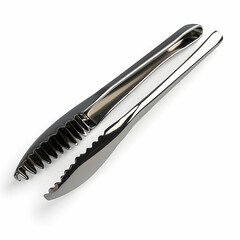 A pair of sleek stainless steel ice tongs with serrated edges, isolated on a white background with clipping path