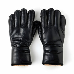 A pair of black leather gloves with soft fur lining, isolated on a white background
