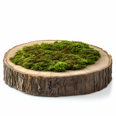 A natural style wooden saw cut round podium with green moss, isolated on a white background
