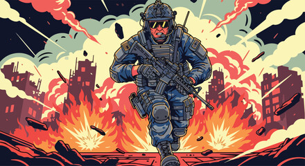 Adobe illustrator artwork vector illustration: A determined male soldier in full combat gear runs through an explosion-ridden, war-torn city, amidst smoke and falling debris