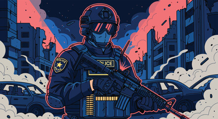 Obraz premium Adobe illustrator artwork vector illustration: A tactical police officer with a rifle stands amidst chaos and debris in a city at night, ready for action
