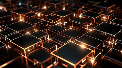 Interconnected copper square nodes on a dark background, forming a futuristic circuit-like pattern with glowing edges and rich copper luster