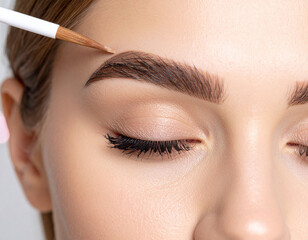 Close up, a woman is grooming her eyebrows.