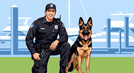 Adobe illustrator artwork vector illustration: A smiling police officer kneels beside his German Shepherd K9 partner in a park, ready for duty