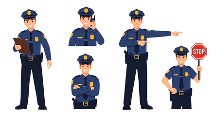 Adobe illustrator artwork vector illustration set of diverse male and female police officers in various poses. Represents law enforcement professionals
