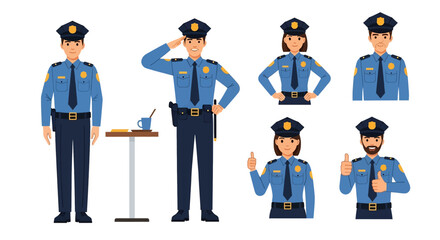Adobe illustrator artwork vector illustration set of diverse male and female police officers in various poses. Represents law enforcement professionals
