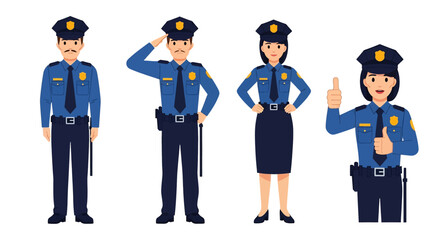 Adobe illustrator artwork vector illustration set of diverse male and female police officers in various poses. Represents law enforcement professionals