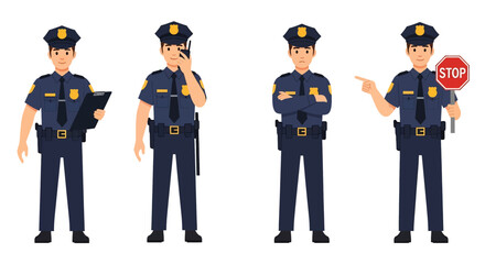 Adobe illustrator artwork vector illustration set of diverse male and female police officers in various poses. Represents law enforcement professionals