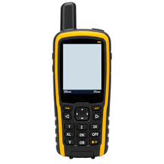 A durable black and yellow handheld gps device with a blank screen and antenna, designed for outdoor navigation, mapping, and professional surveying tasks.