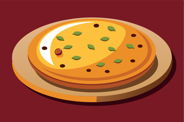 Fototapeta premium Delightful round flatbread with herbs and spices served on a wooden platter
